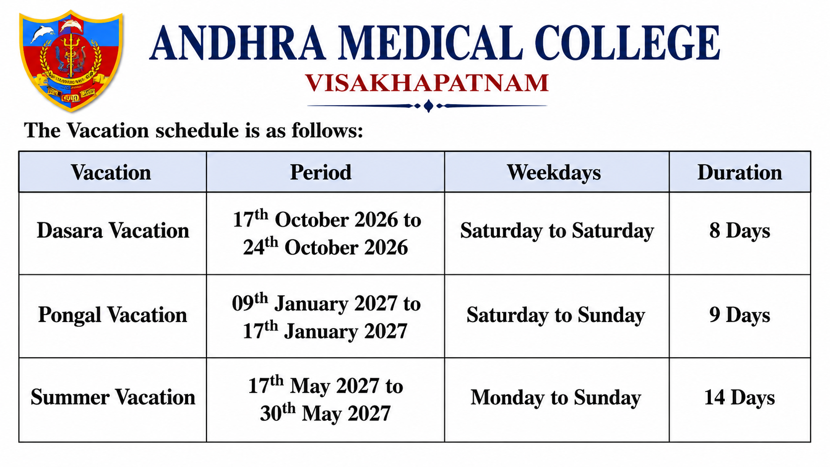 Vacation Schedule 2026-27